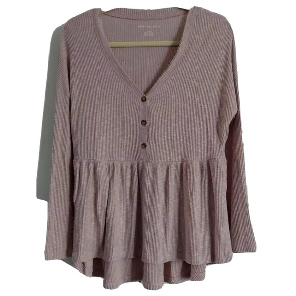 American Eagle Soft Ribbed Knit Henley babydoll top blouse shirt Blush pink S - Picture 1 of 6